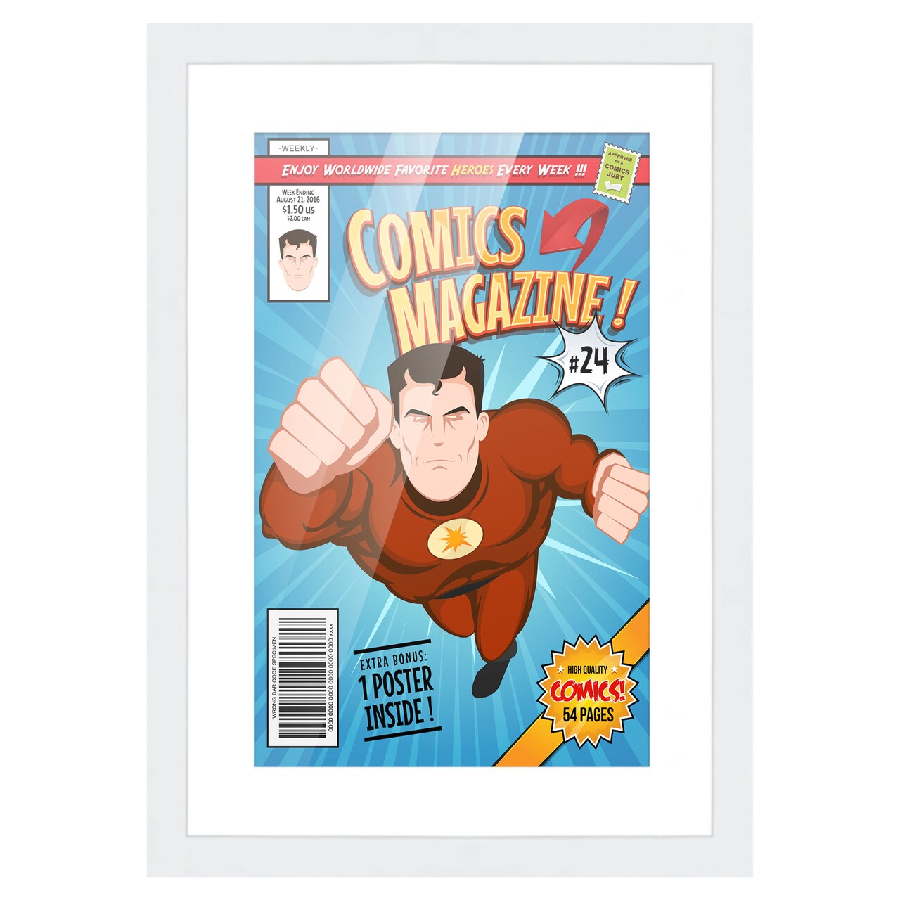 Comic Book Display Frame for Silver Age Comics Published Between 1956 and 1970 - White Wood Comic Frame With White Mat for 7.125x10.5 Comic, 18 Frame Sizes